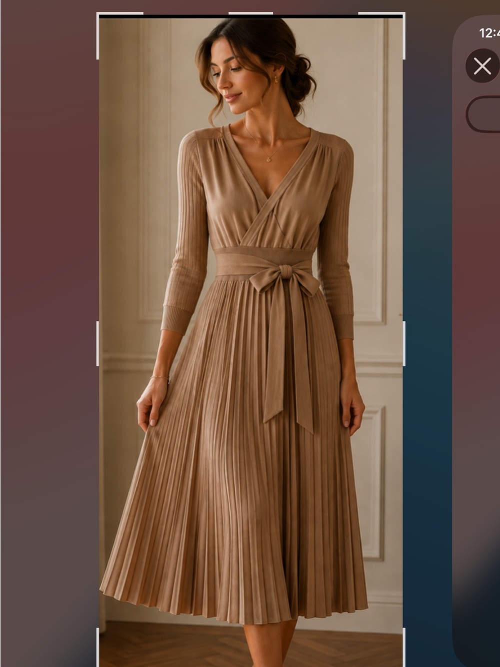 Elegant Tan Pleated Wrap Dress